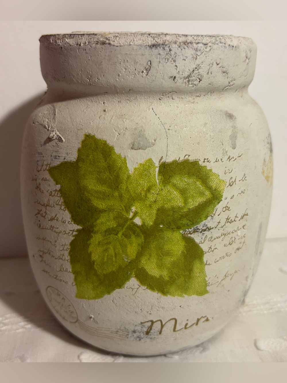 Distressed White Ceramic Mint Herb Jar Vase Farmhouse Cottagecore Shabby Chic
